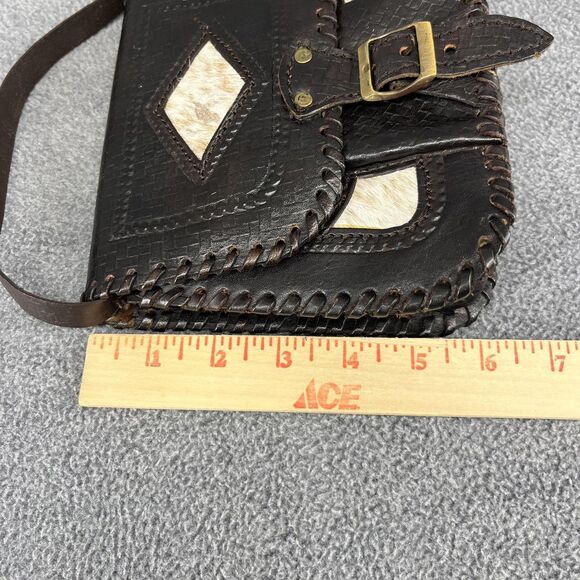 Vintage Hand Tooled Leather Crossbody Purse Womens Brown Hair-On Hide Western - Picture 9 of 15